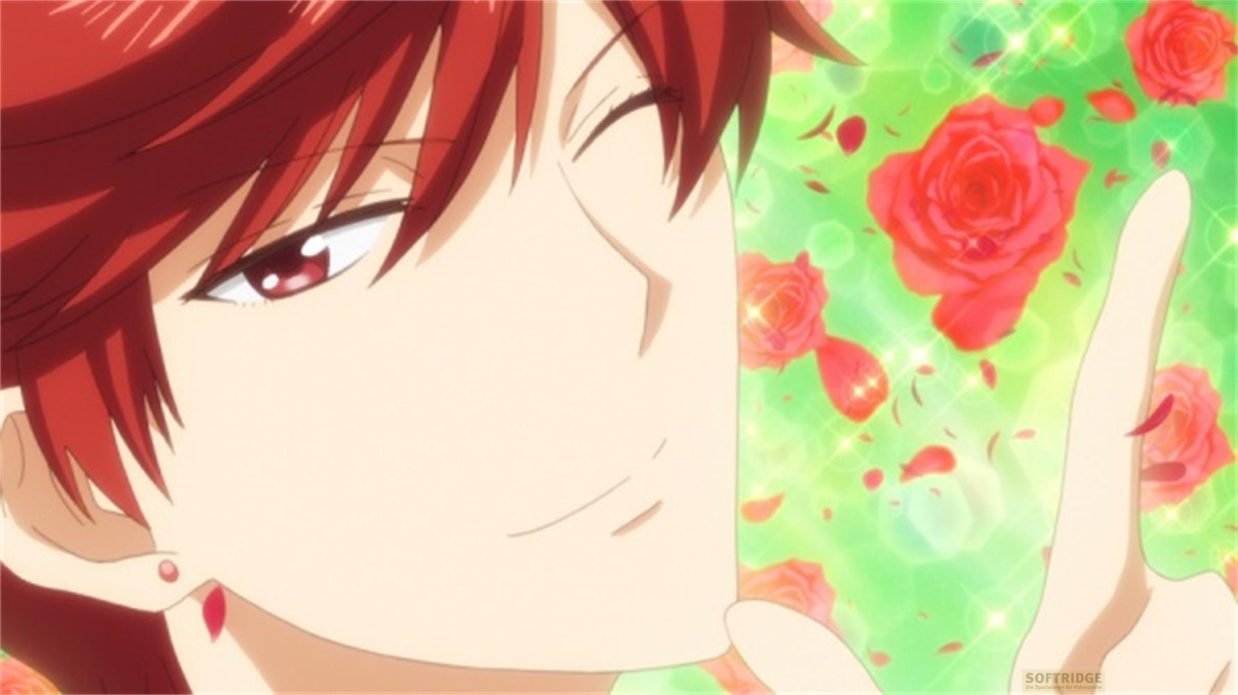 Personaggio anime con capelli rossi fa l'occhiolino, circondato da rose rosse.