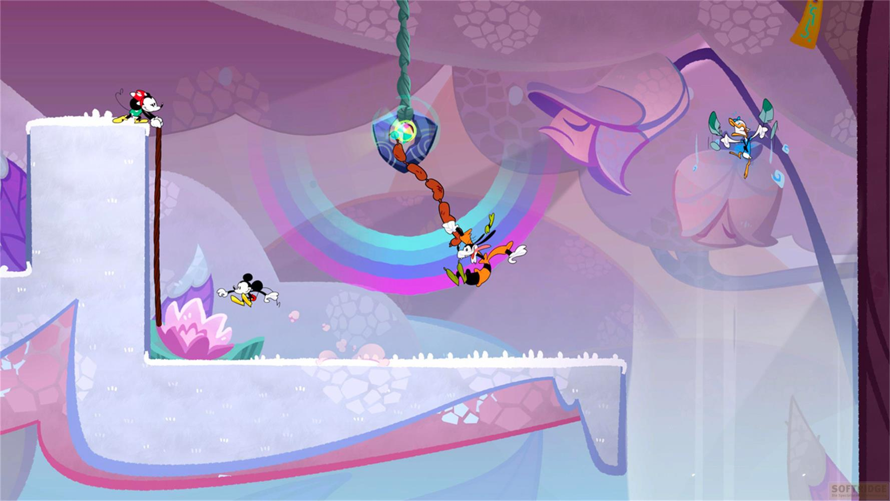 Mickey, Minnie und Goofy in einer farbenfrohen, surrealen Welt mit schwebenden Plattformen.