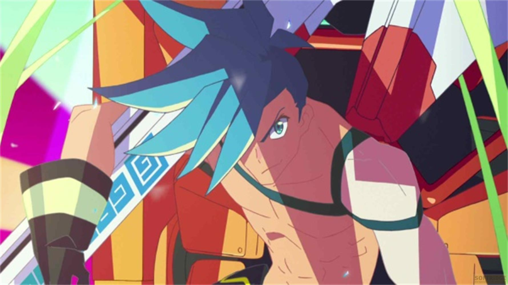 Un personaggio anime con capelli blu e occhi verdi, su uno sfondo colorato.
