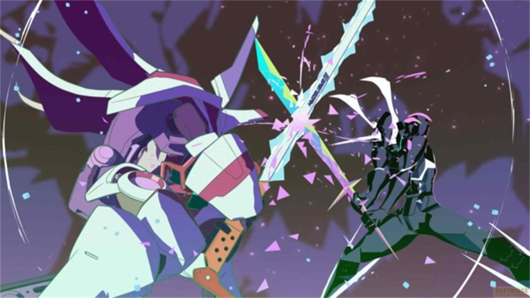 Due mech con spade luminose si scontrano in una nebulosa viola.