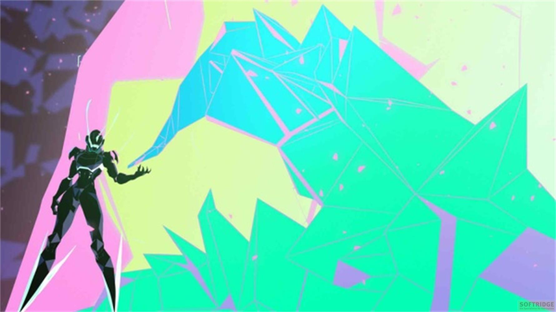 Un robot scuro e spigoloso si erge contro uno sfondo astratto di forme geometriche al neon.