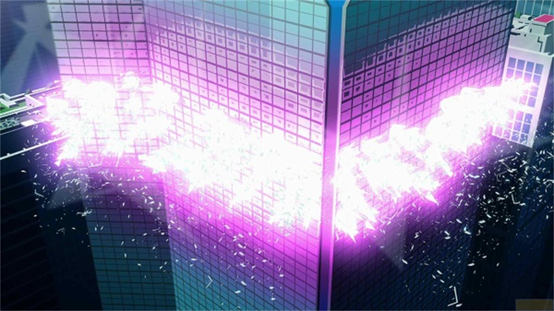 Esplosioni di energia viola colpiscono un edificio che esplode di notte.