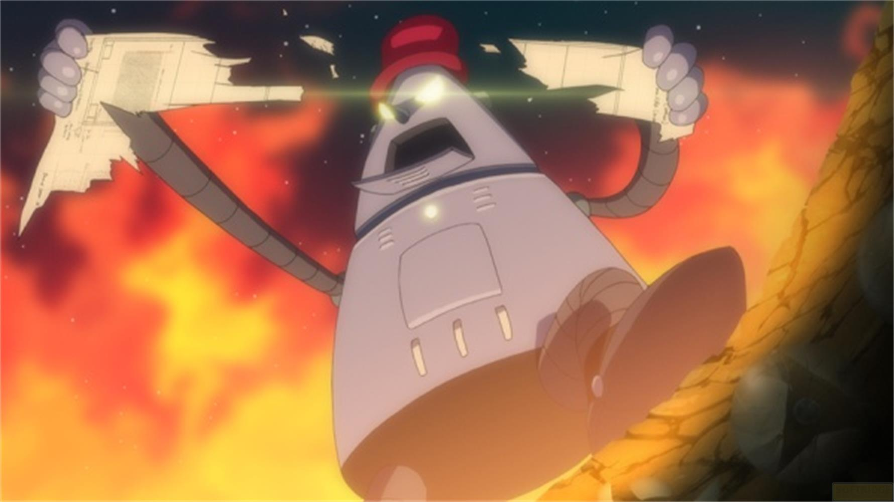 Eine Rakete mit roter Kappe hält zerknülltes Papier vor feurigem Hintergrund.