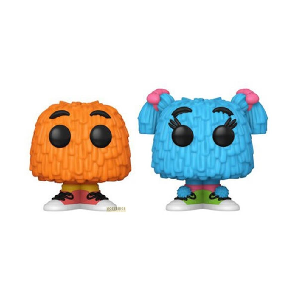 Zwei bunte Monsterfiguren mit großen Augen und flauschigem Fell.