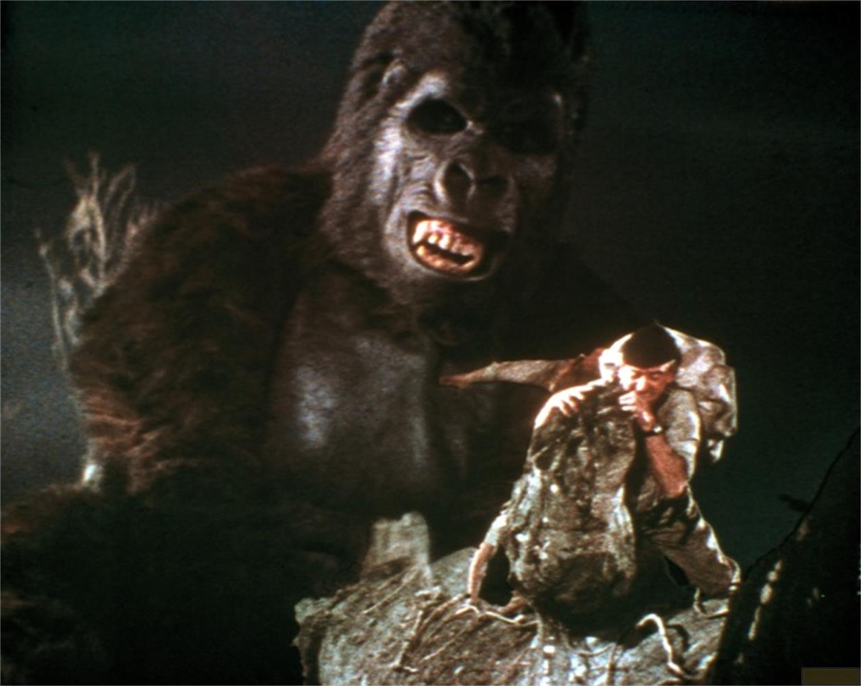 Un gorilla tiene un uomo su una roccia, lo sfondo è scuro.