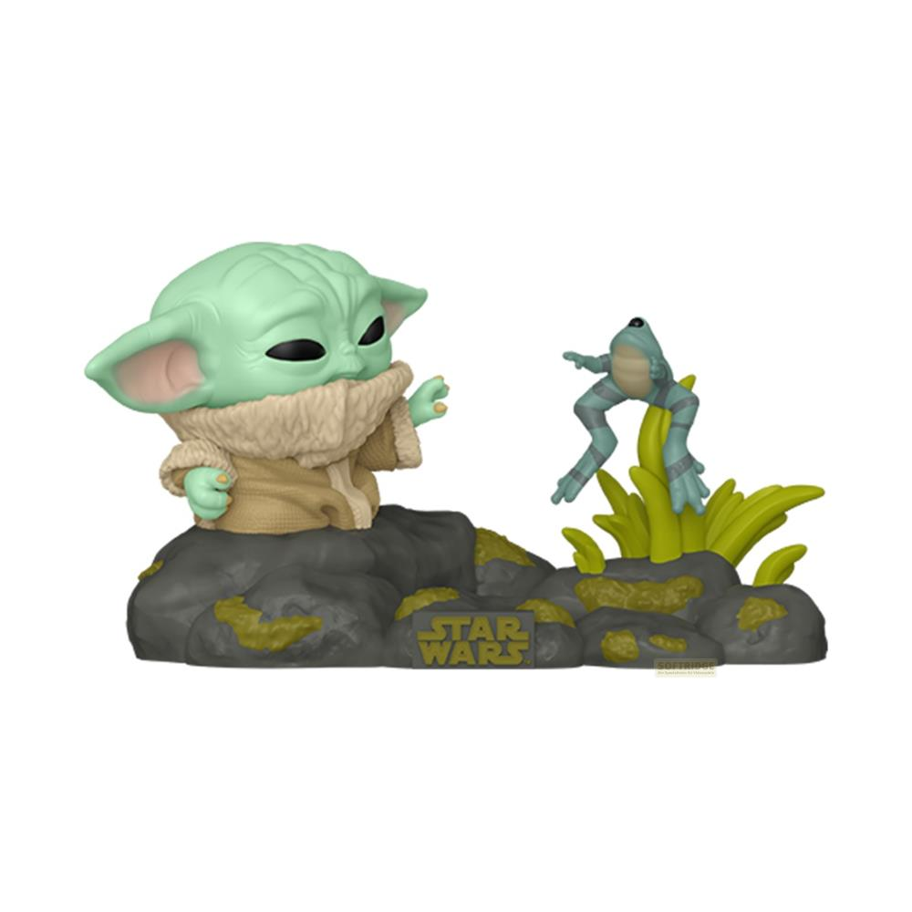Baby Yoda sitzt auf Felsen, ein Frosch springt im Gras.