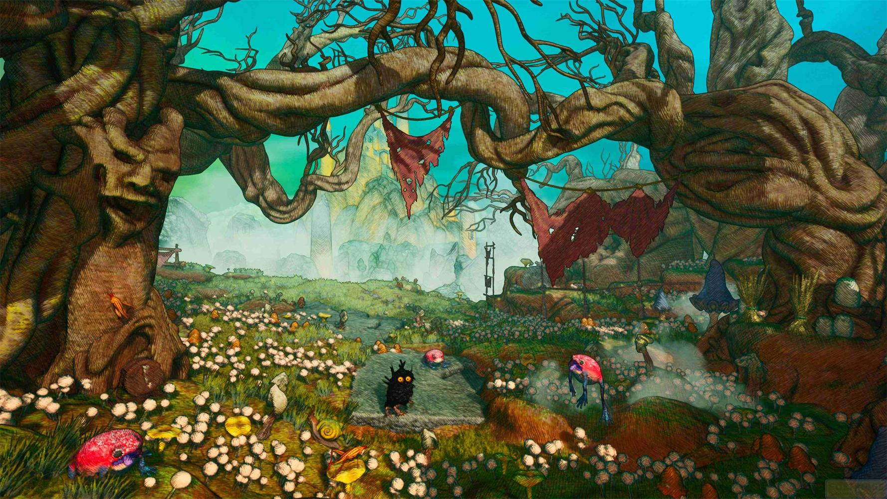 Eine surreale Landschaft mit verdrehten Bäumen, Blumen und Felsen. Ein schwarzes Wesen sitzt auf einer Matte.