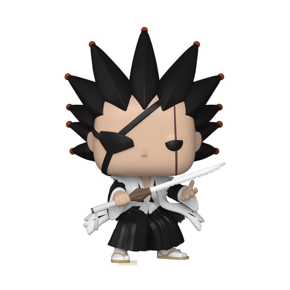 Un Funko Pop di Kenpachi Zaraki con capelli neri, benda sull'occhio e spada.