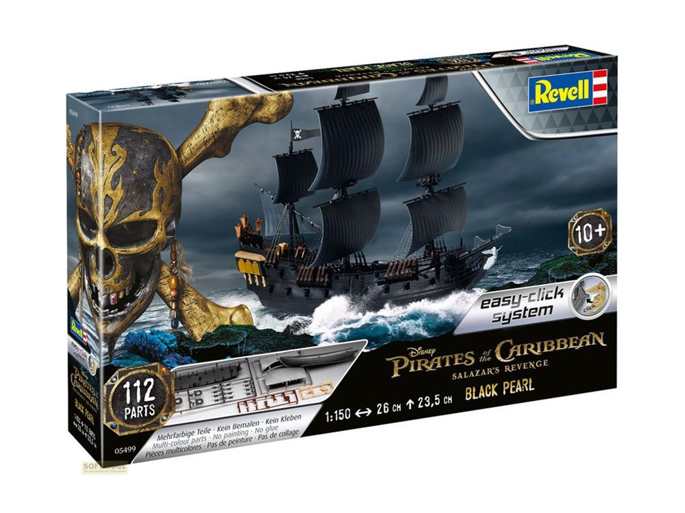 Modellino Revell Black Pearl con simbolo di teschio e nave pirata su mare in tempesta.