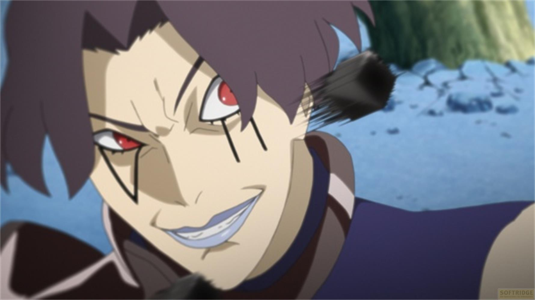Un personaggio anime con occhi rossi e capelli scuri sorride.