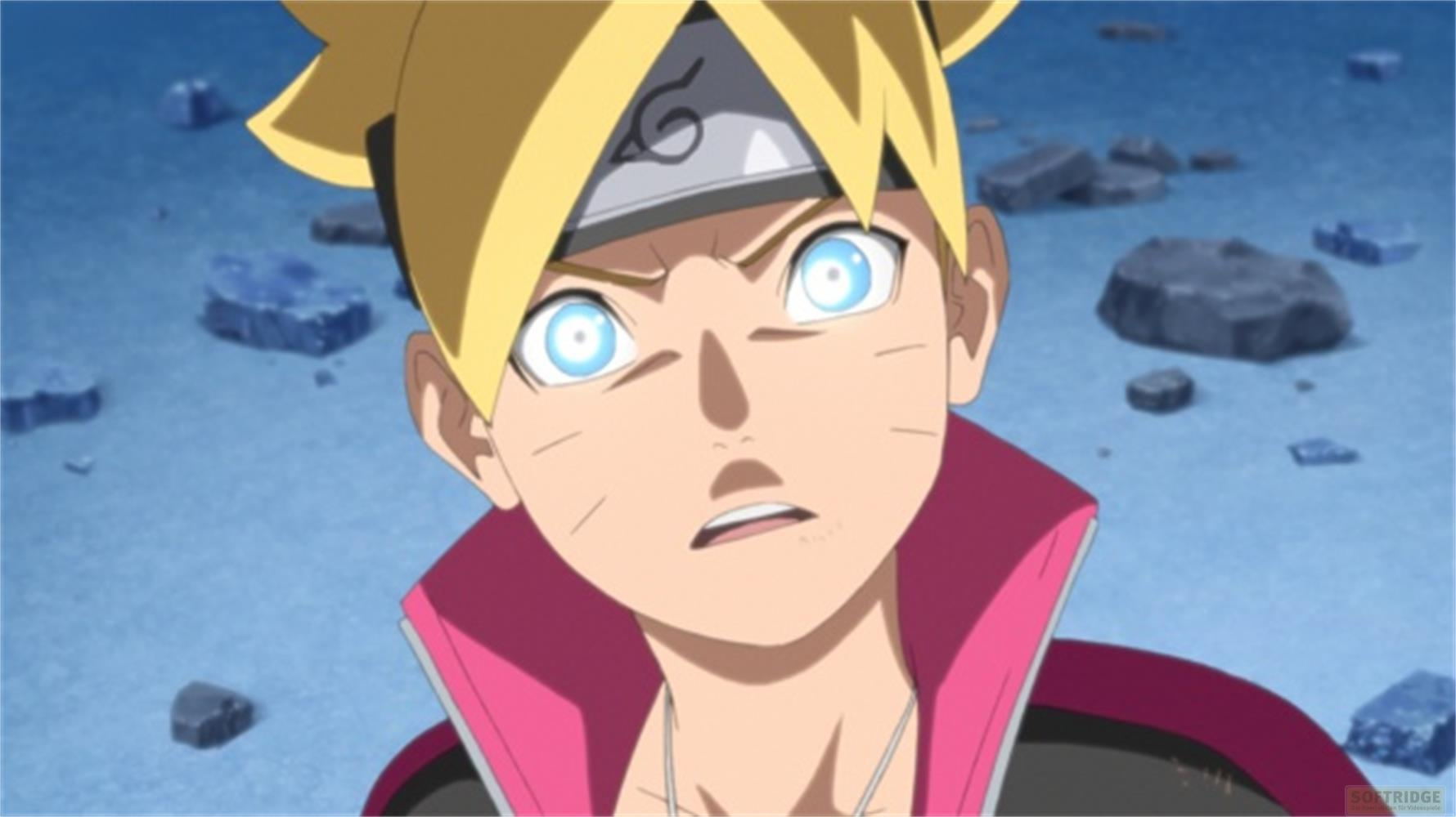 Boruto con occhi blu luminosi e capelli biondi, indossa un top rosa.