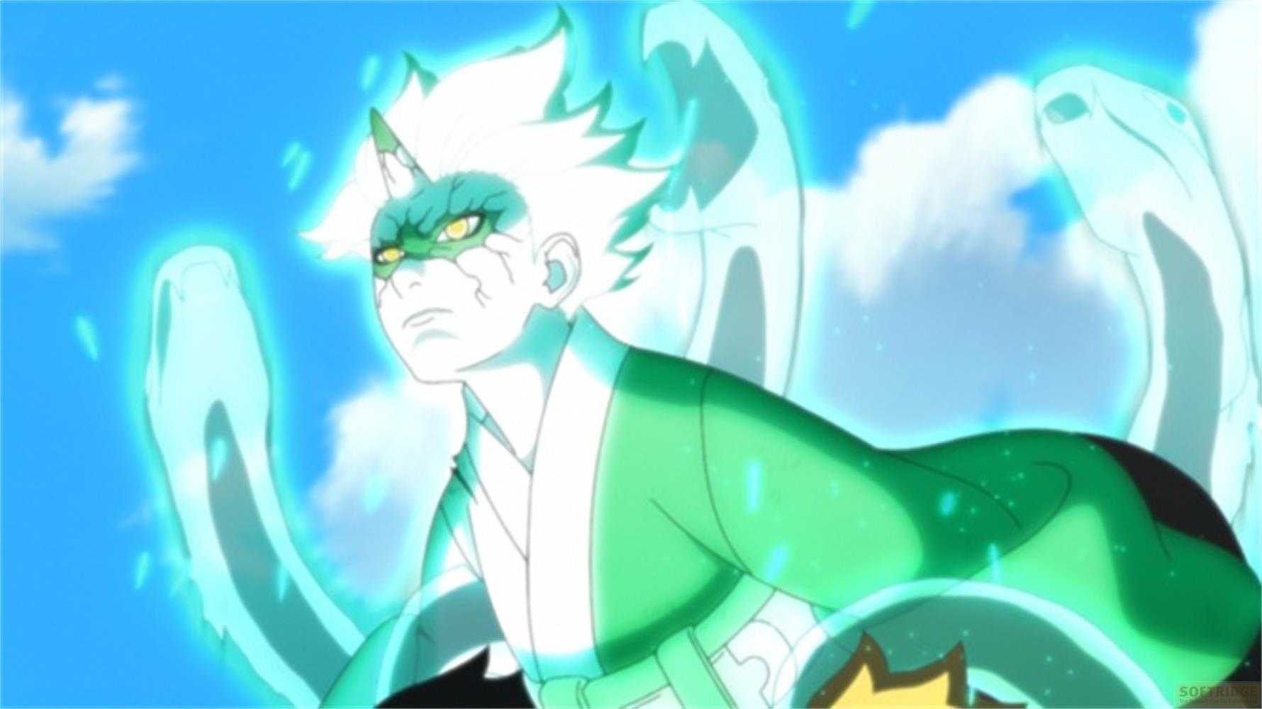 Un personaggio con capelli bianchi e segni verdi sul viso, circondato da serpenti blu.