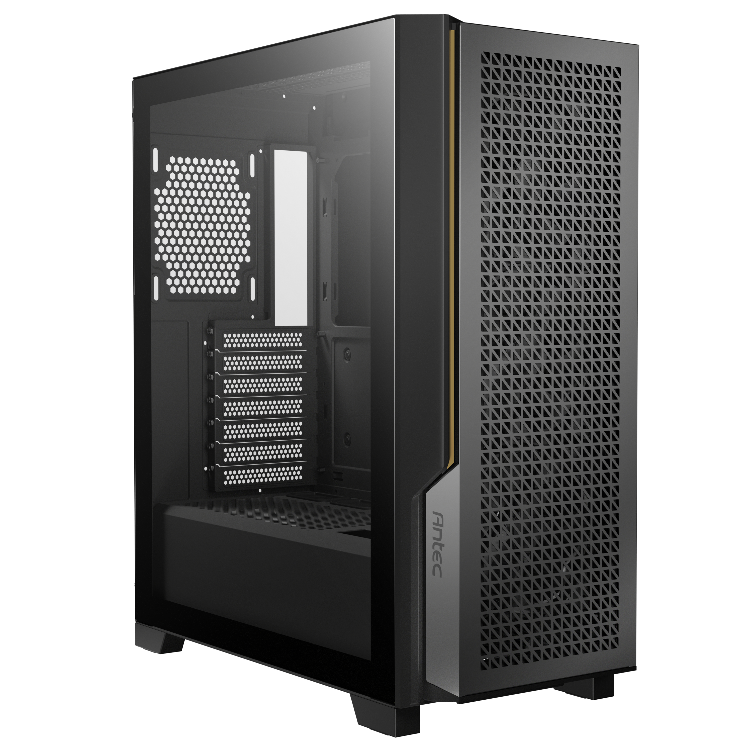 Case PC nero con frontale in vetro e griglia di ventilazione a nido d'ape.