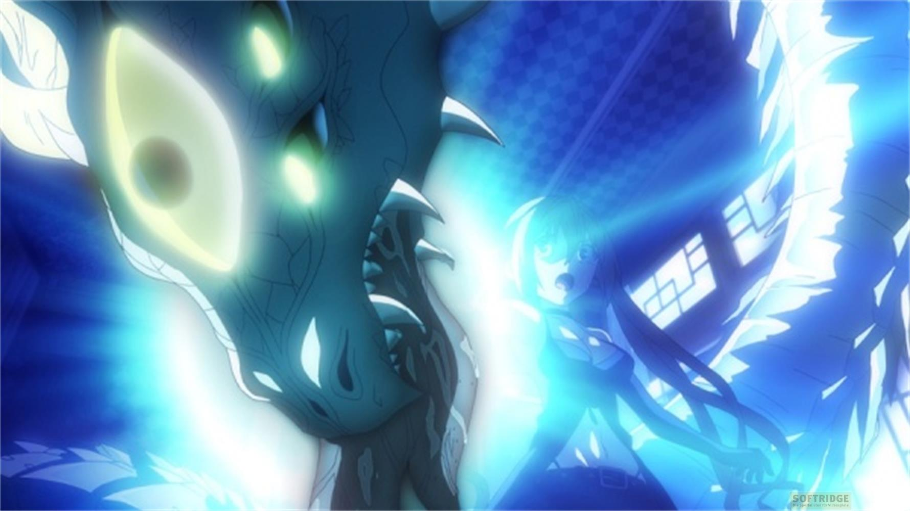 Une scène d'anime montre un monstre bleu et une fille entourés de lumière vive.