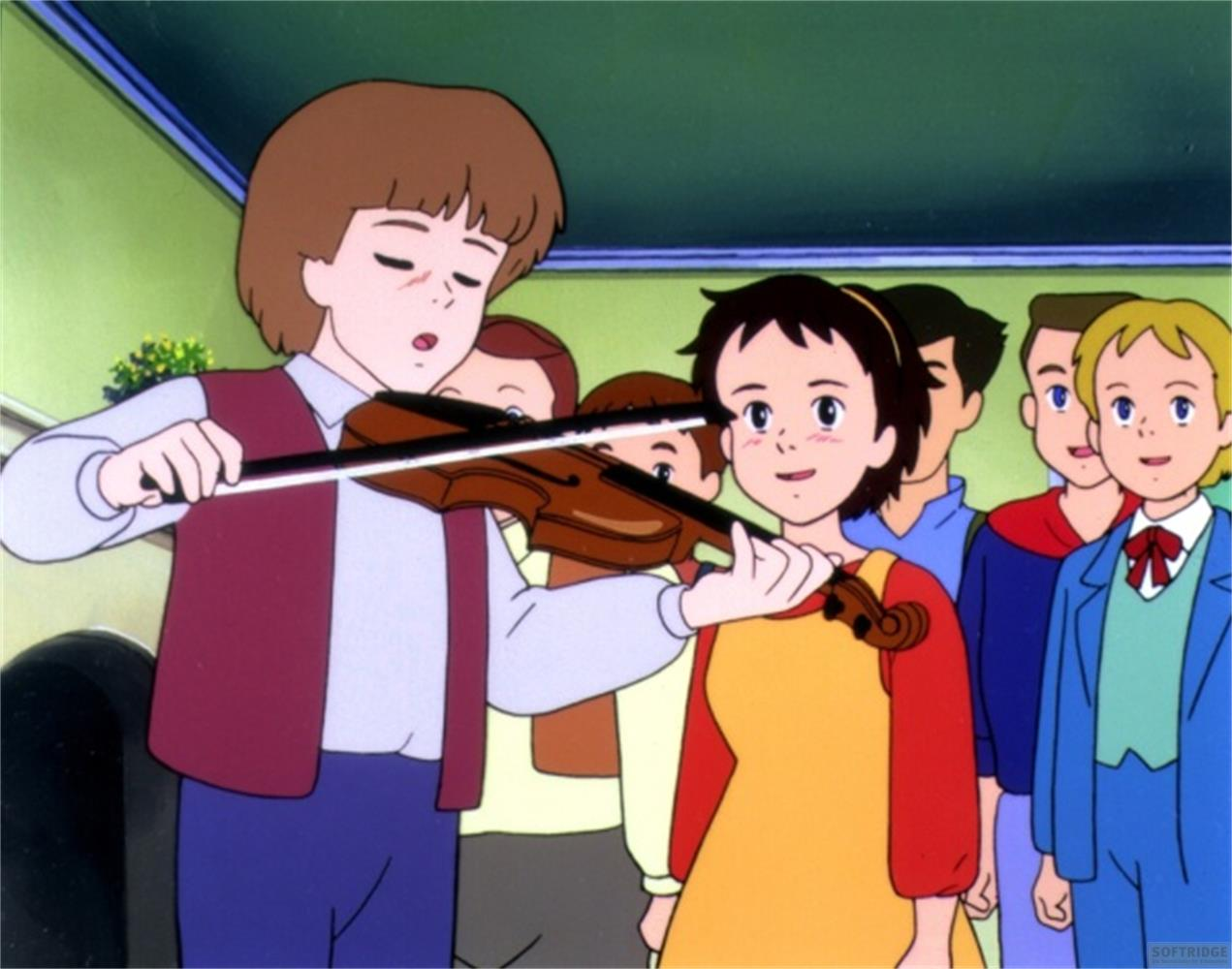 Ein Junge spielt Violine für eine Gruppe von Kindern.
