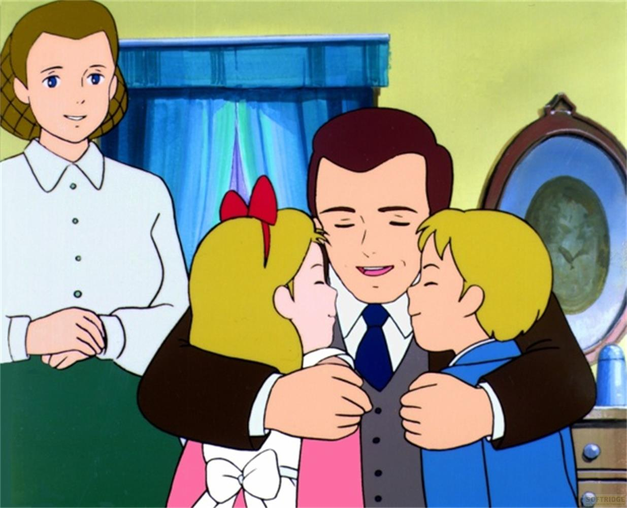 Eine Familie umarmt sich vor einem gelben Hintergrund mit Vorhängen.