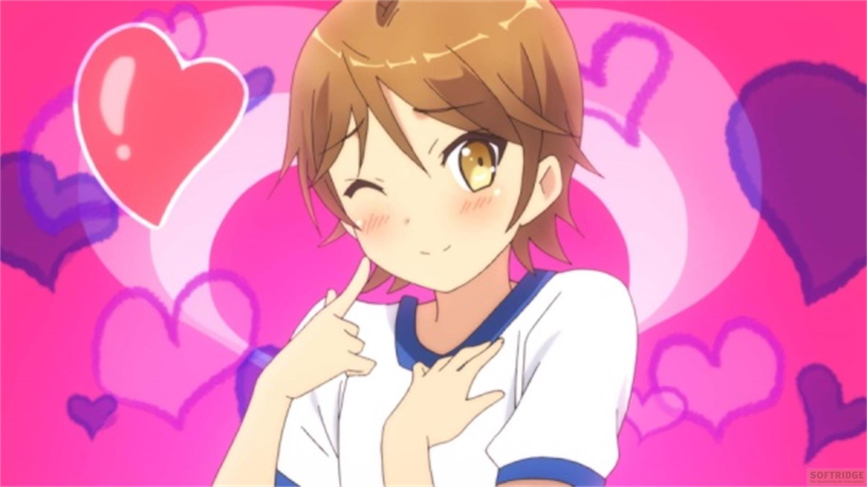 Ragazza anime fa l'occhiolino con sfondo rosa pieno di cuori.