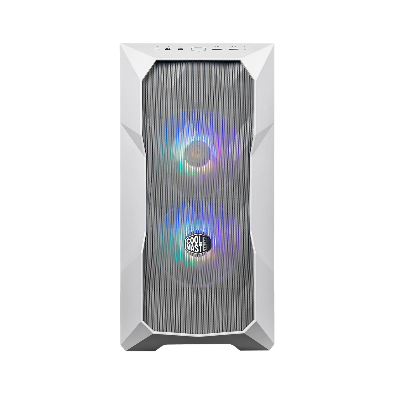 Een witte pc-behuizing met twee verlichte ventilatoren en het Cooler Master logo.