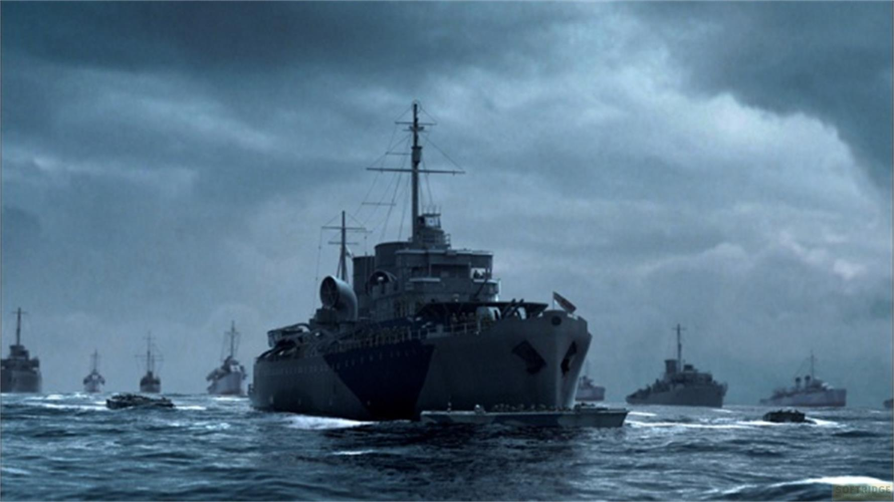 Eine Flotte grauer Kriegsschiffe segelt auf einem unruhigen, dunklen Meer unter einem bewölkten Himmel.