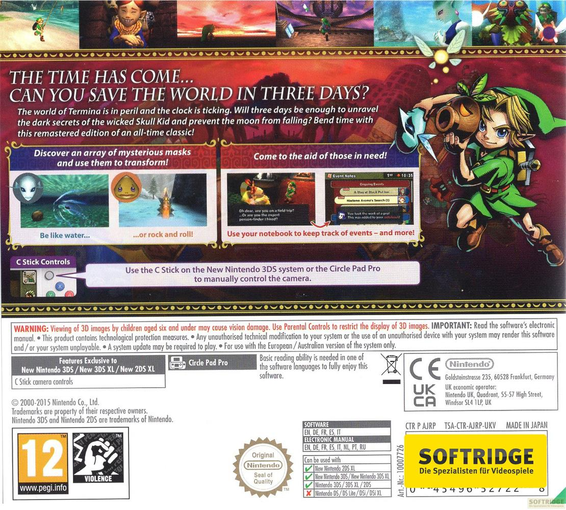 Link z Majora's Mask 3D z maskami, tekstem i informacjami o grze na okładce Nintendo 3DS.