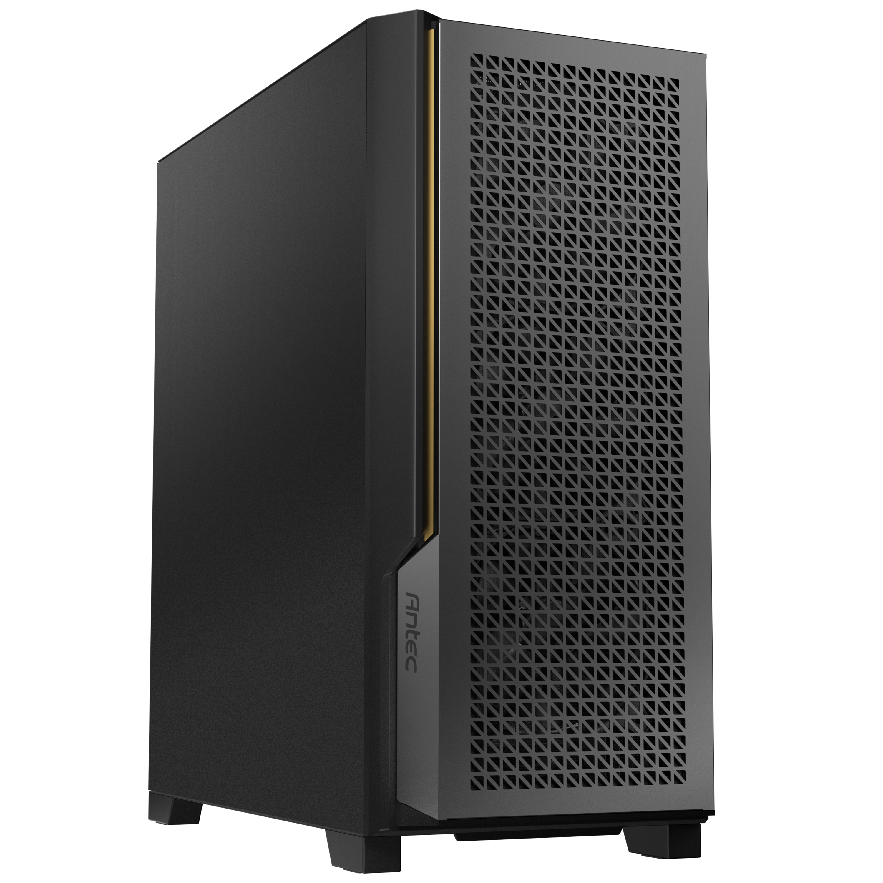 A black computer case with a perforated front panel and a gold accent strip.
