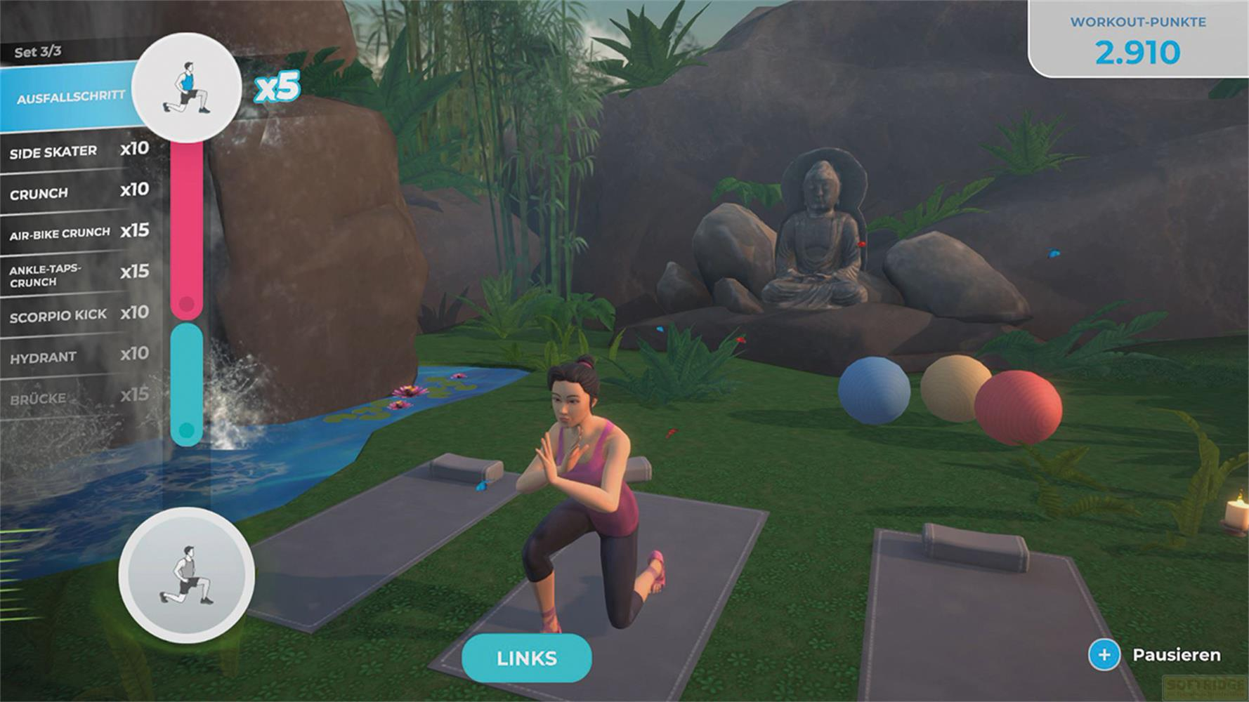 Eine Frau macht eine Ausfallschritt-Übung in einem virtuellen Garten mit Buddha-Statue.
