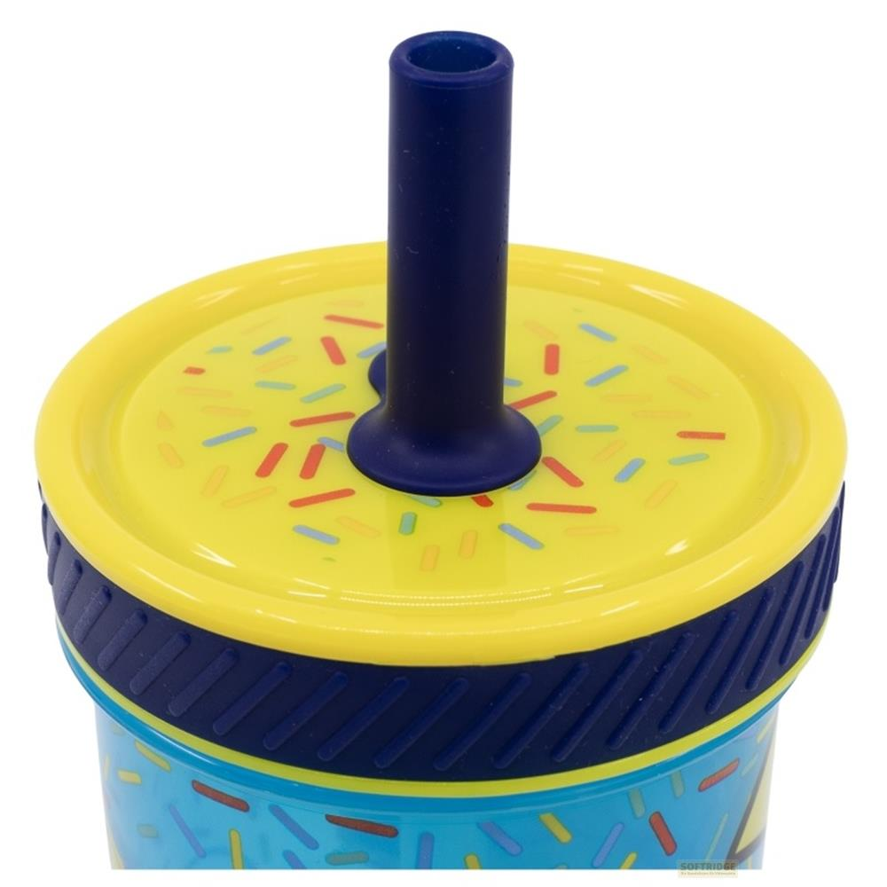 Una tapa de vaso amarilla con chispas azules y rojas. Sobresale una pajita azul.