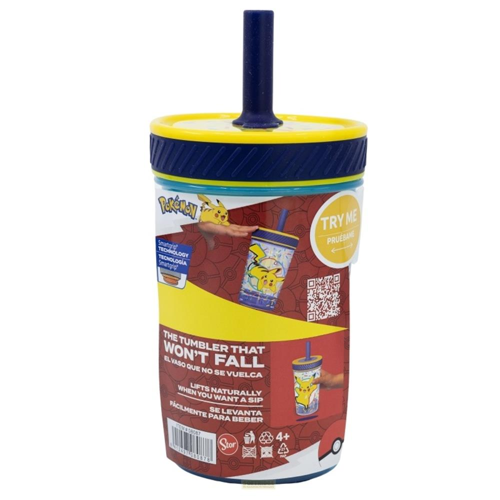 Un vaso Pokémon de Pikachu que no se cae, con tapa amarilla y pajita azul.