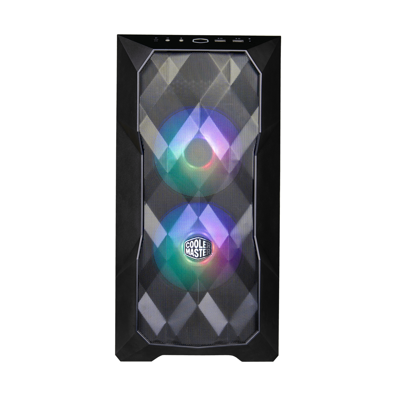 Black computer case with RGB fans and power button.