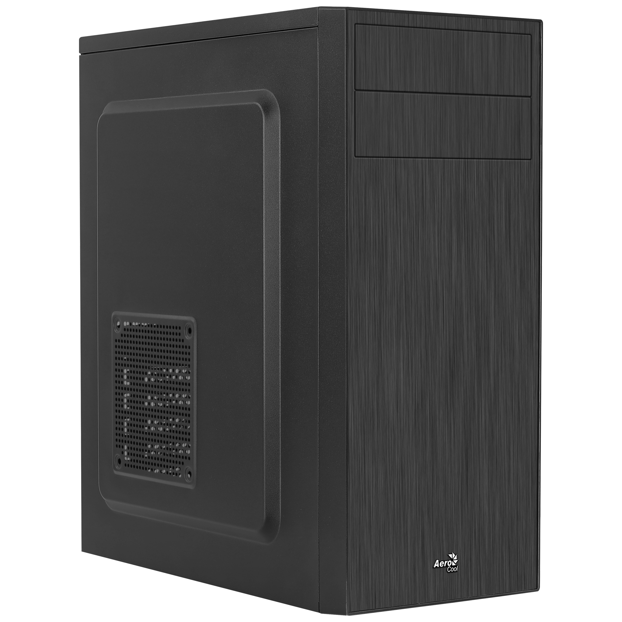 Zwarte PC-behuizing met geborsteld voorpaneel en ventilatie aan de zijkant.