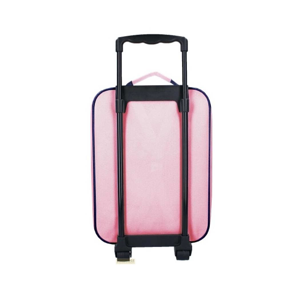 Ein rosa Rollkoffer mit ausziehbarem Griff und schwarzen Rädern.