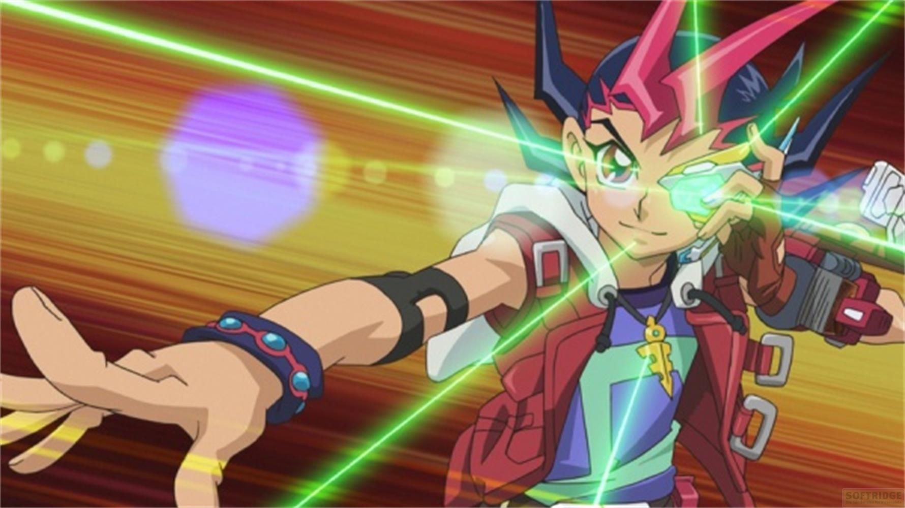 Personaggio anime con capelli rosa e scuri, che mira raggi laser verdi.