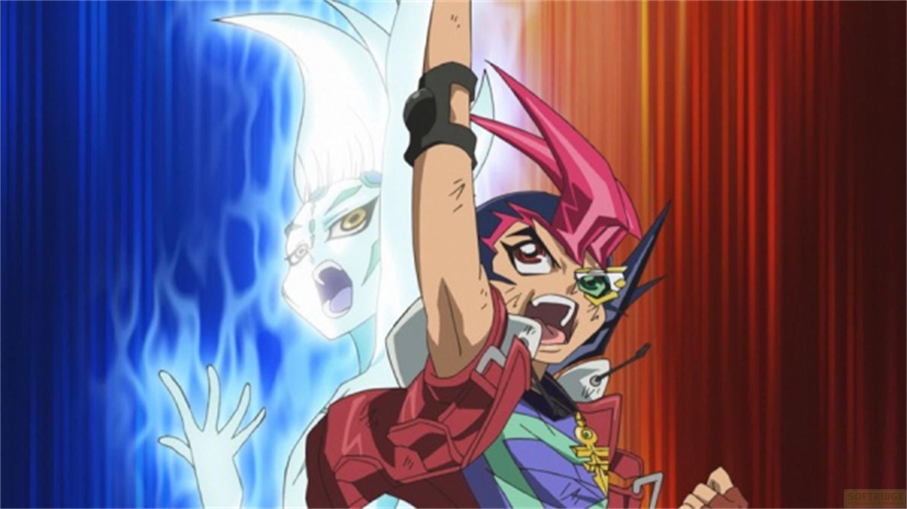 Personaggio anime con capelli rosa e un fantasma dietro su sfondo blu.