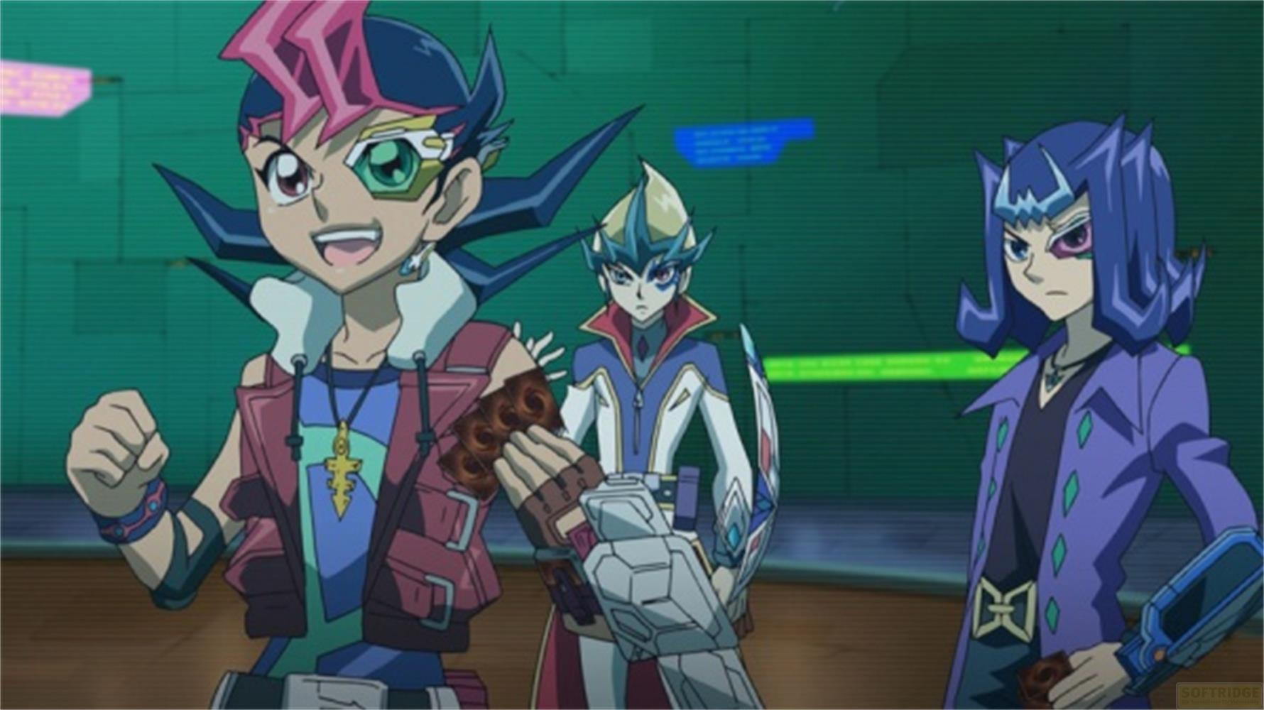 Tre personaggi anime sono uno di fronte all'altro. Quello a sinistra tiene le carte.