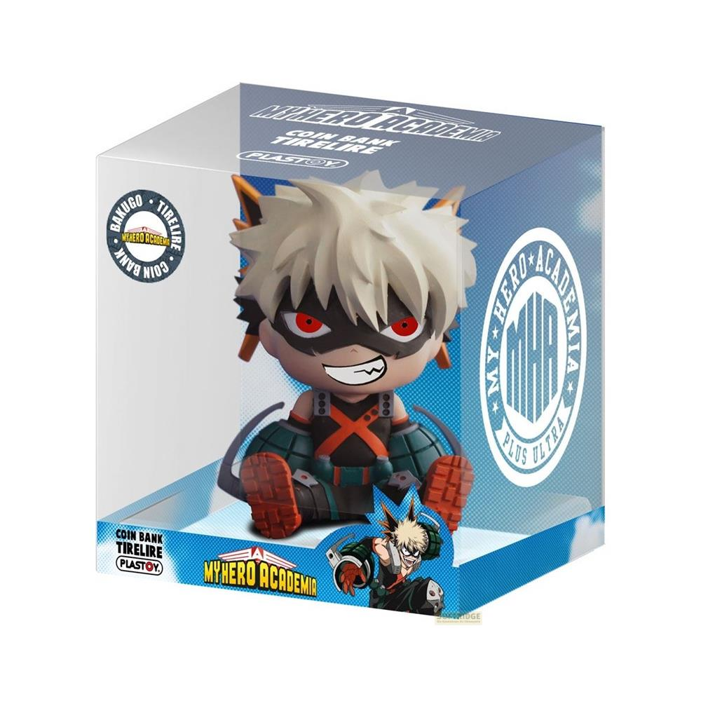 Una figura de alcancía de Bakugo estilo anime está sobre un empaque.