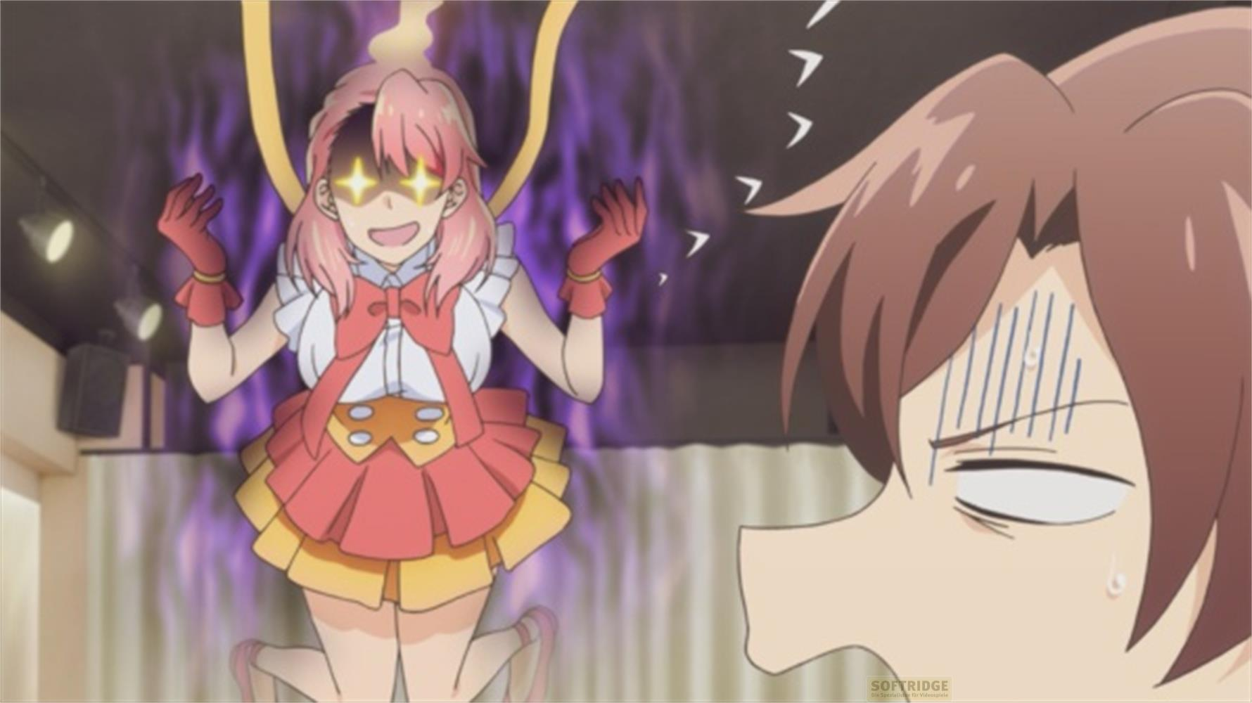 Scena anime: Ragazza in rosa con occhi a stella, fumo viola sullo sfondo.