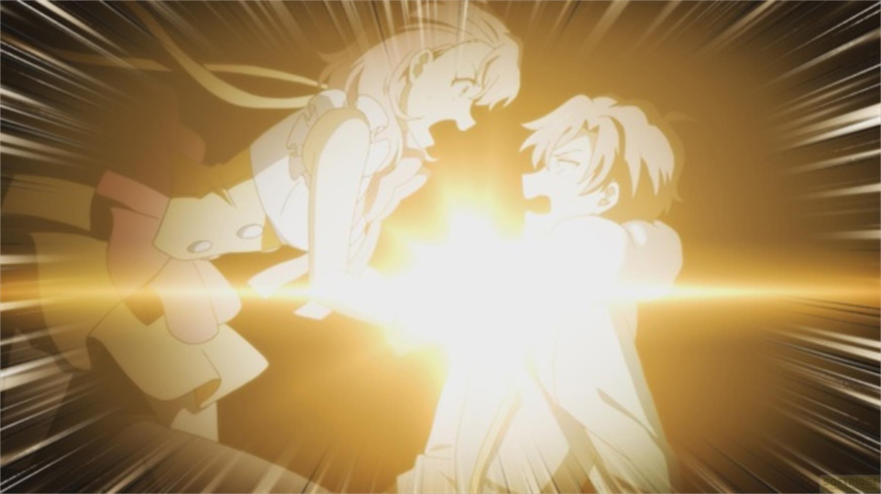 Due personaggi anime si urlano contro, circondati da un brillante lampo di luce.