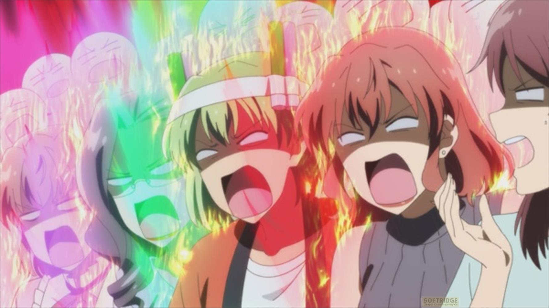 Personaggi anime urlano con fiamme colorate intorno a loro.