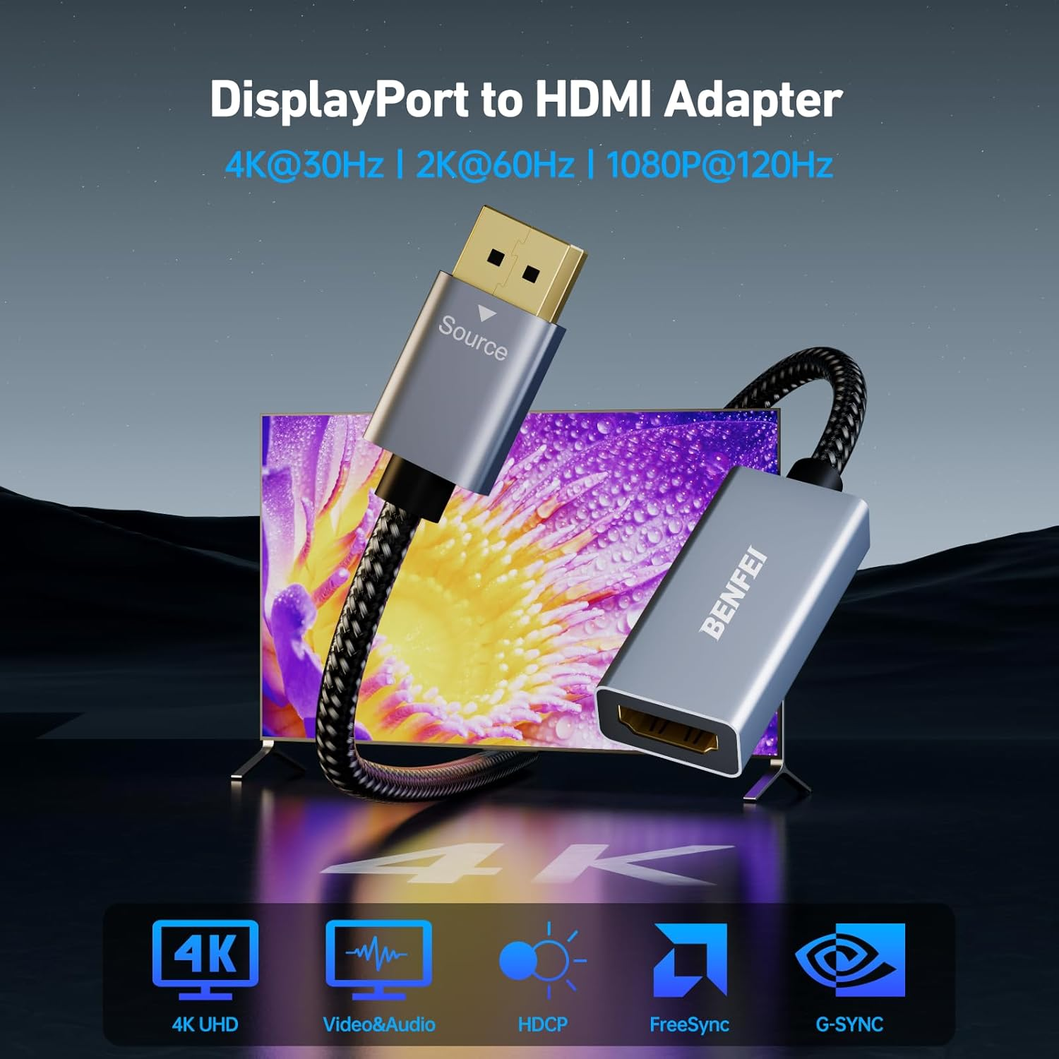DisplayPort-zu-HDMI-Adapter mit einem Fernseher, der ein Blumenmuster zeigt.