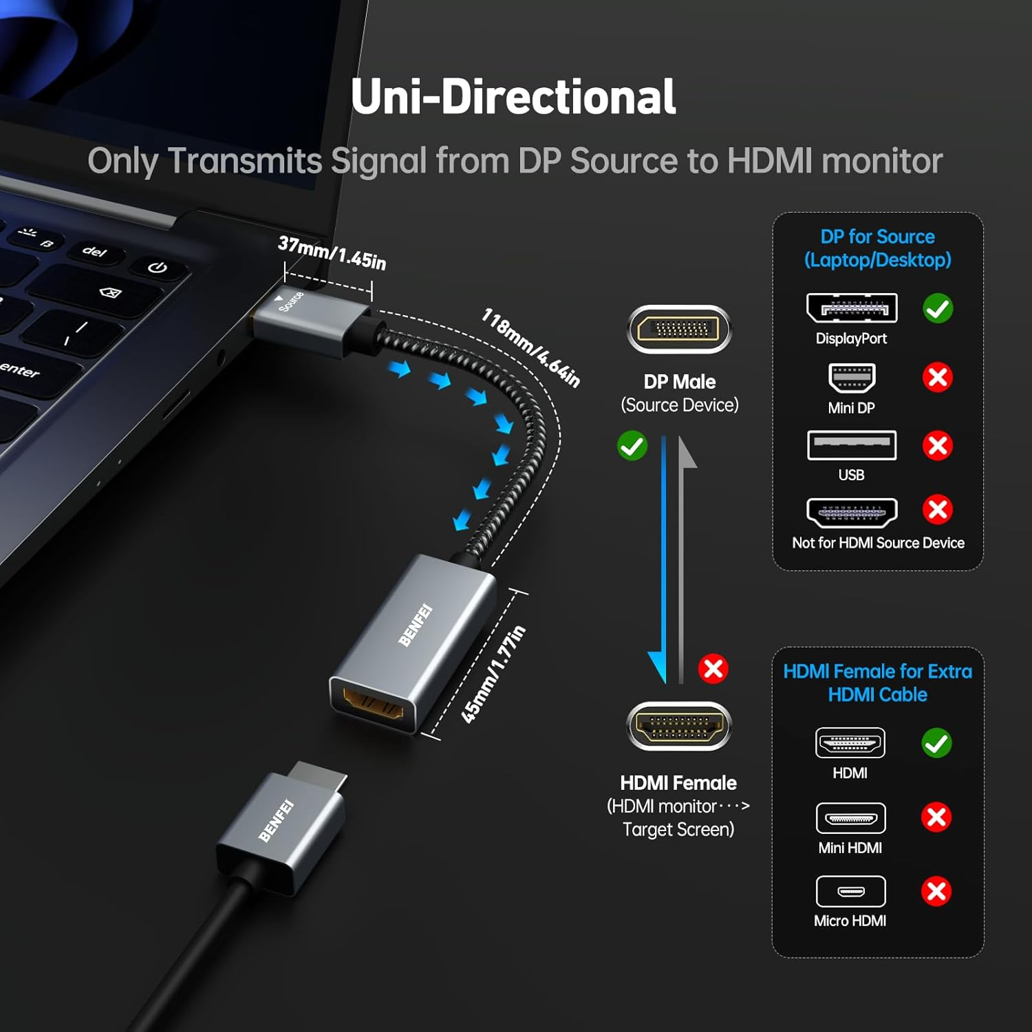 DisplayPort-zu-HDMI-Adapterkabel für Laptops zu HDMI-Monitoren.