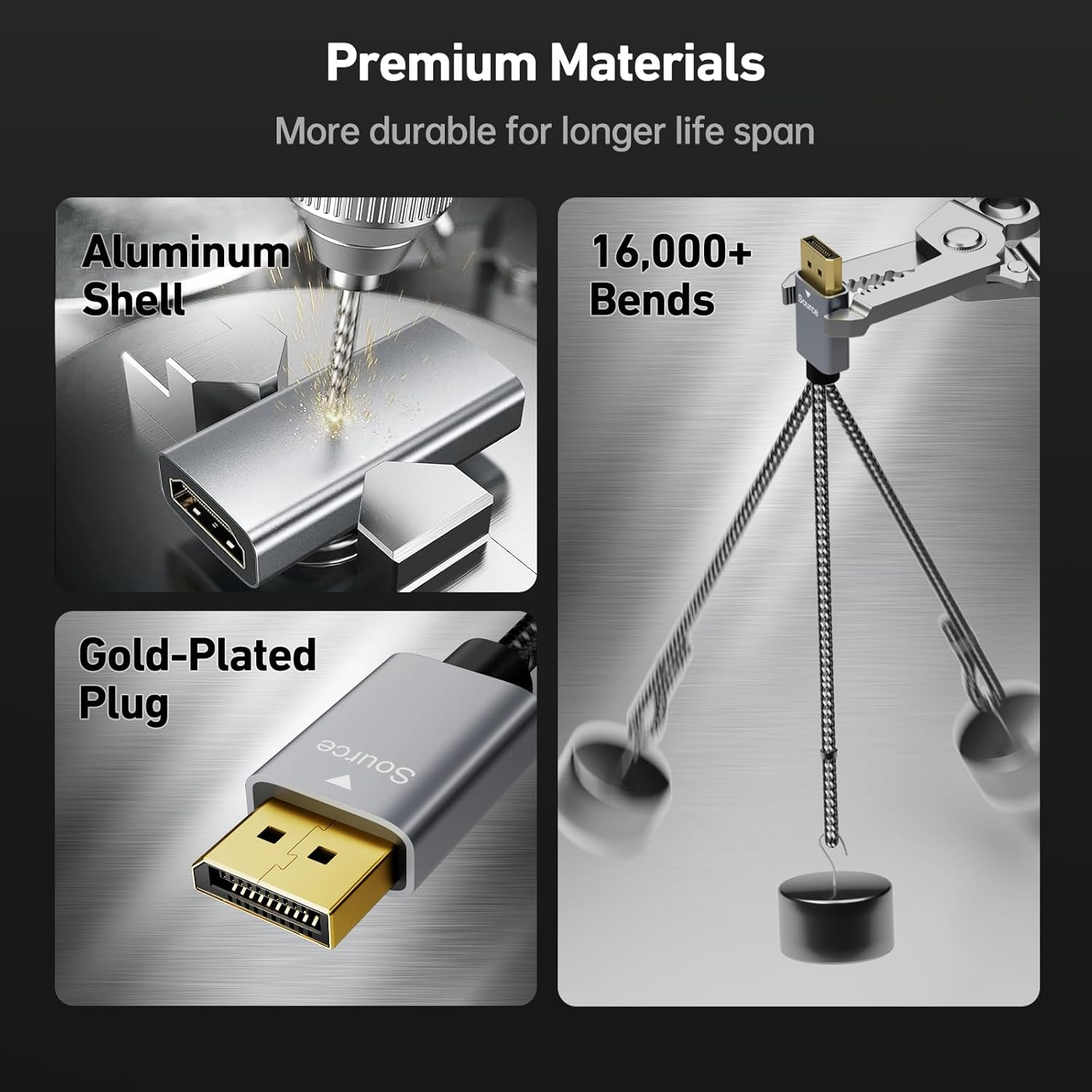 Premium-Materialien: Aluminiumgehäuse, vergoldeter Stecker, 16.000+ Biegungen Haltbarkeitstest.