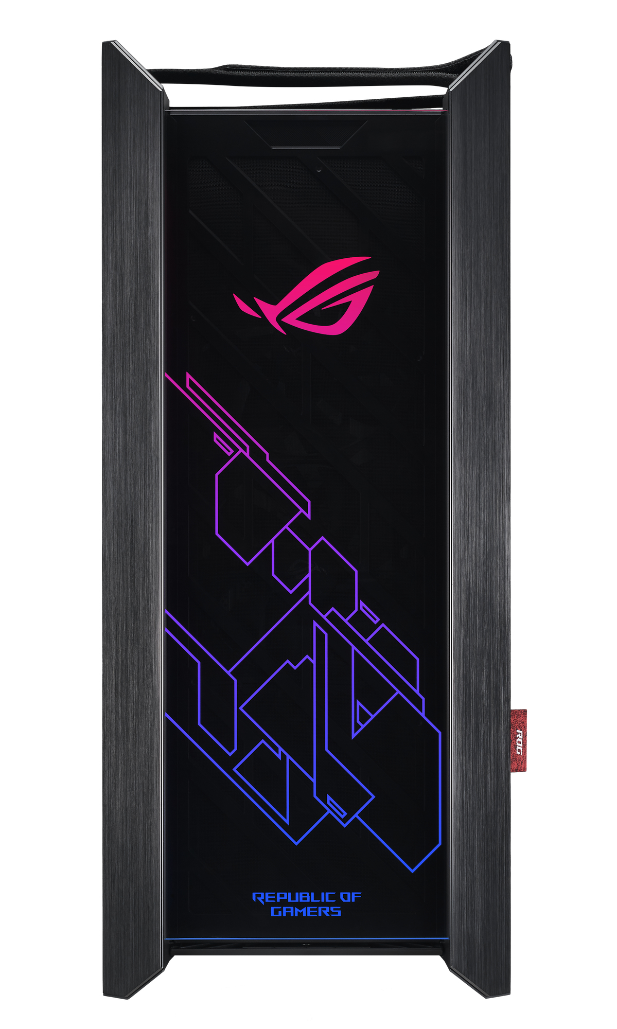 Czarna obudowa PC gamingowego z logo ROG i wzorem geometrycznym.