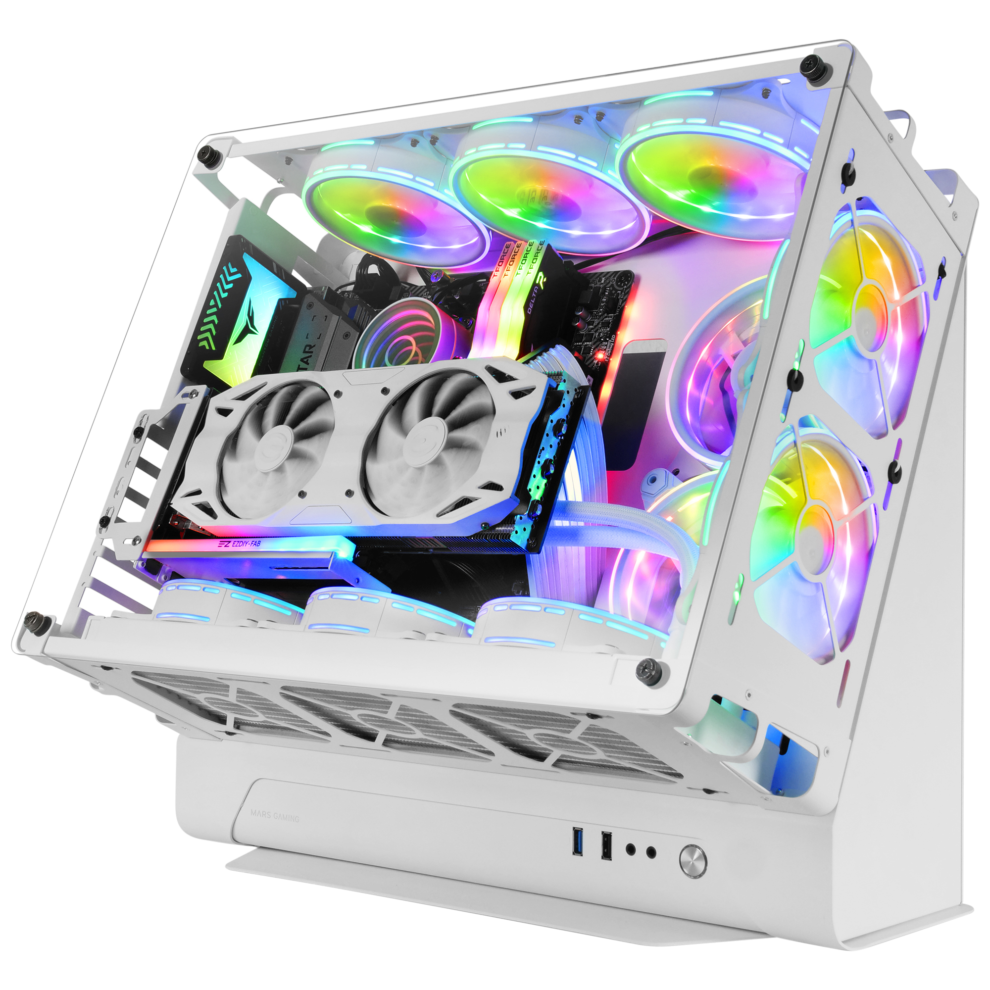 Un tower PC bianco con ventole RGB e una scheda grafica bianca.