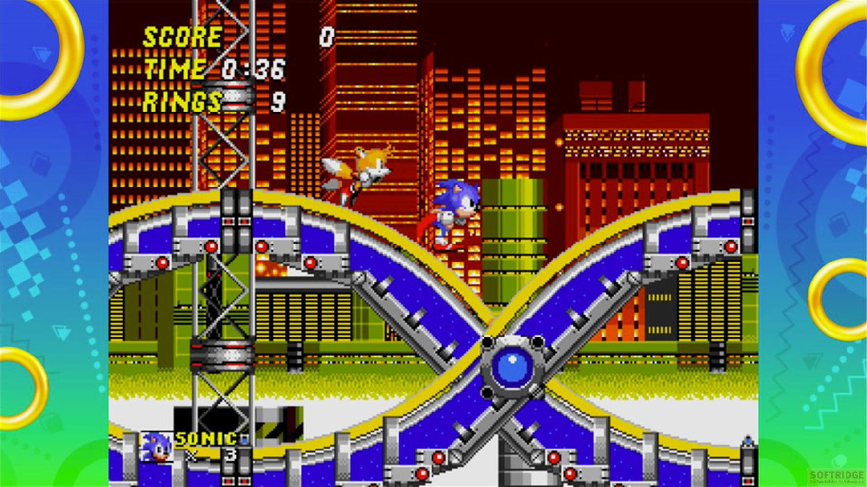 Sonic und Tails rennen auf einer metallischen Rennstrecke in einer Stadt.