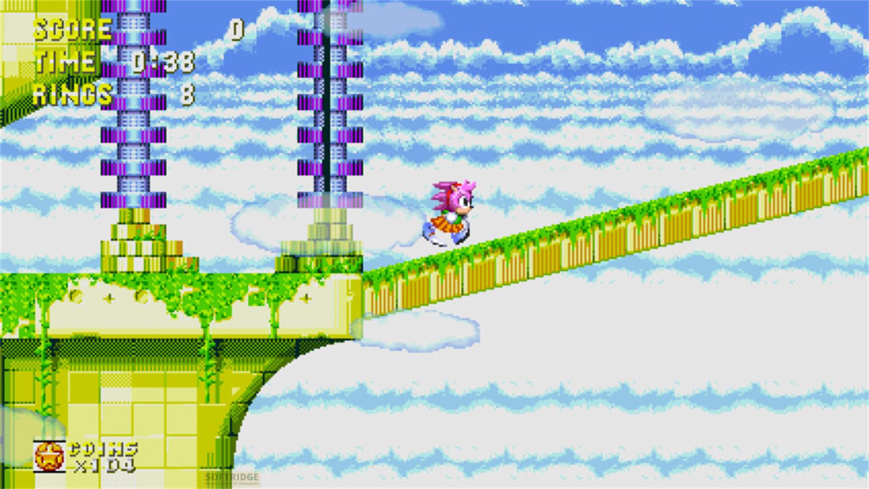 Amy rennt auf einer gelben Plattform vor blauem Himmel mit Wolken.