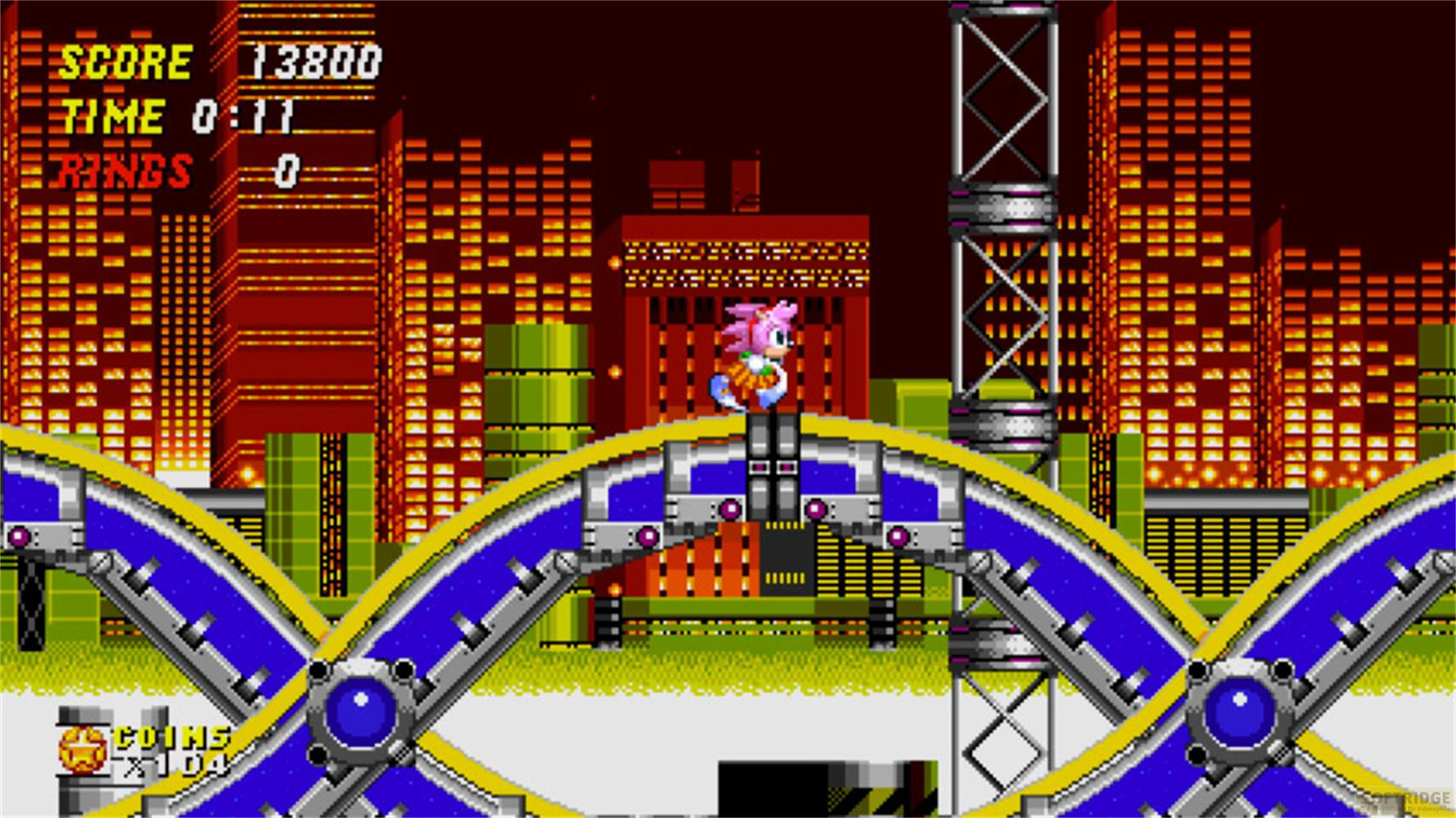 Amy Rose läuft auf einer Brücke vor einer Stadtkulisse mit Wolkenkratzern.