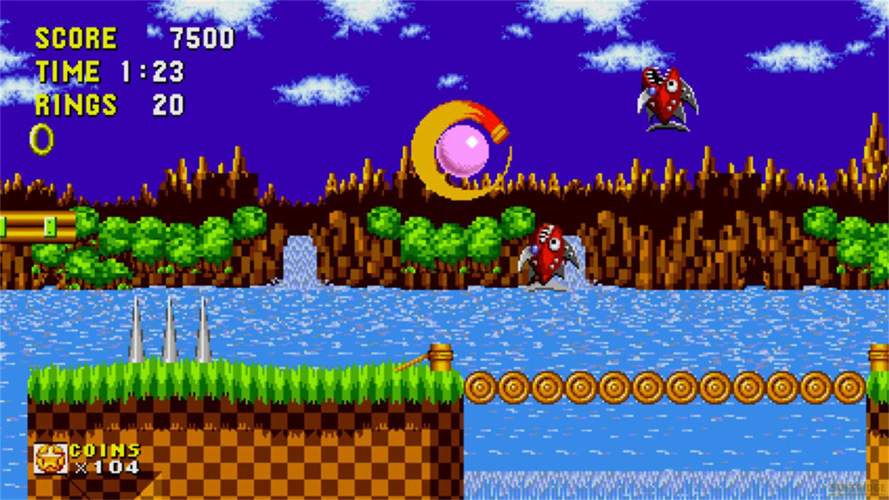 Sonic Spielfeld mit blauer Wasser, grünen Bäumen und Feinden.