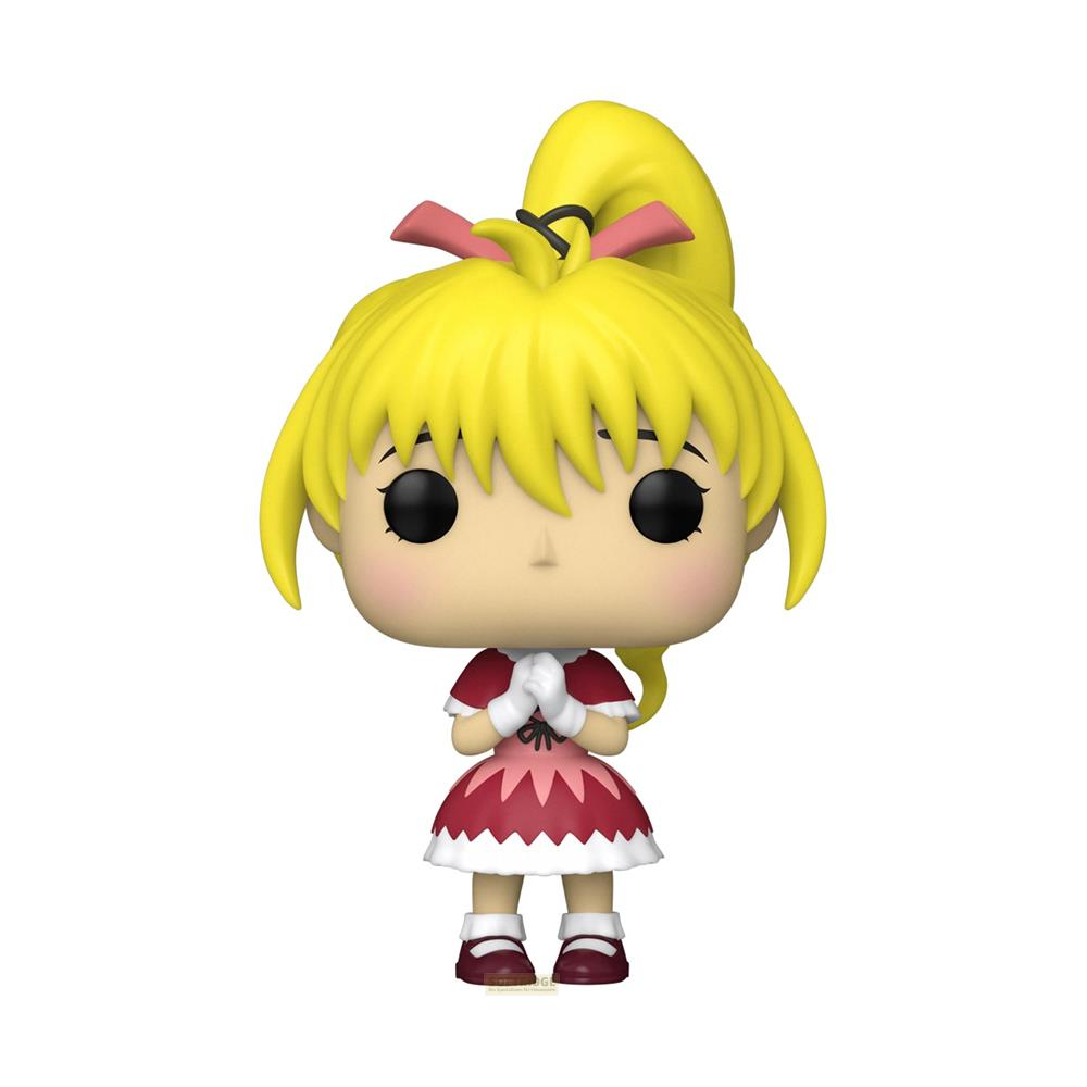 Una figura anime bionda con vestito rosso e mani giunte.