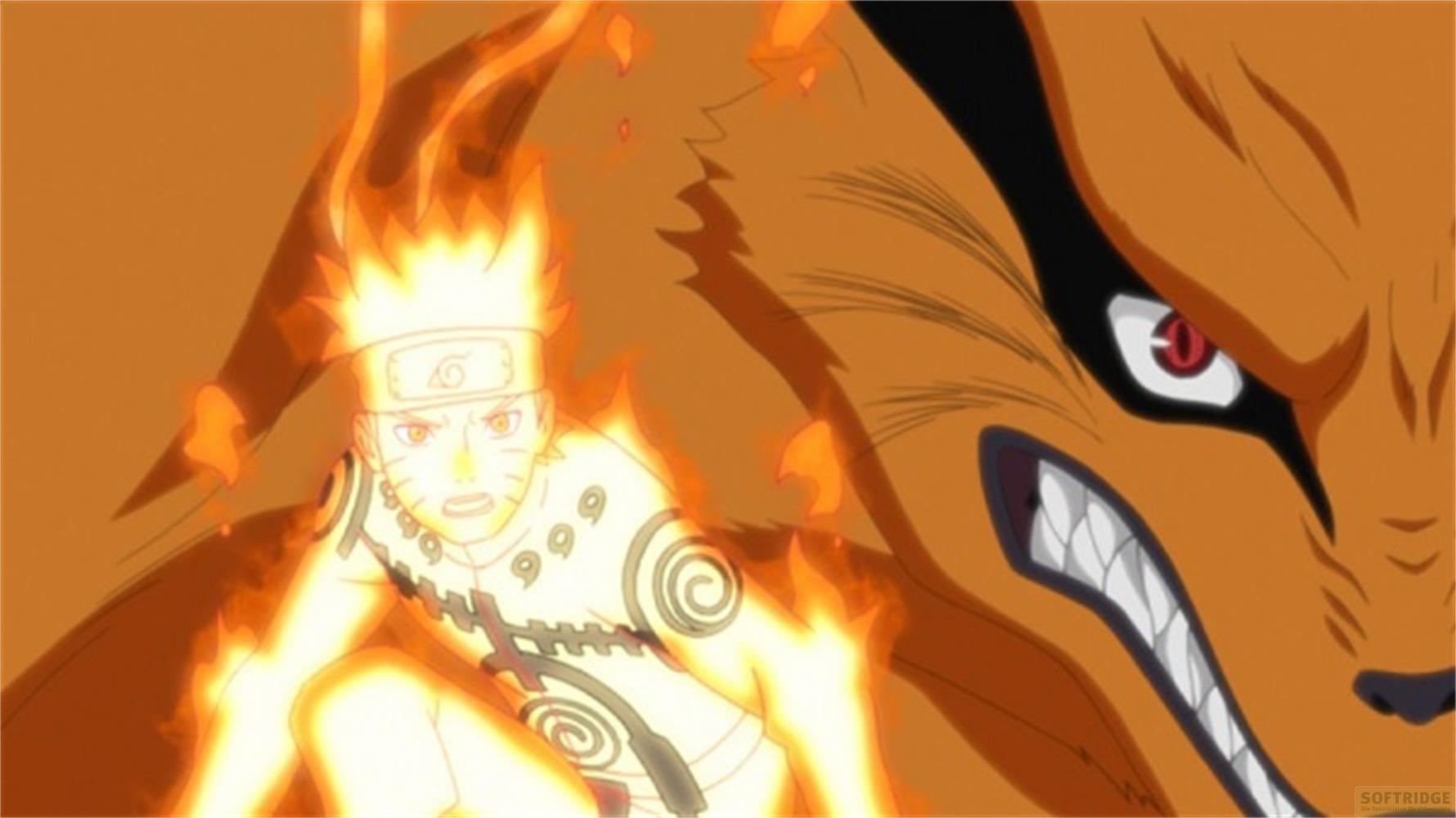 Naruto dans sa forme Kurama avec un chakra orange enflammé et la tête du renard démon à neuf queues.
