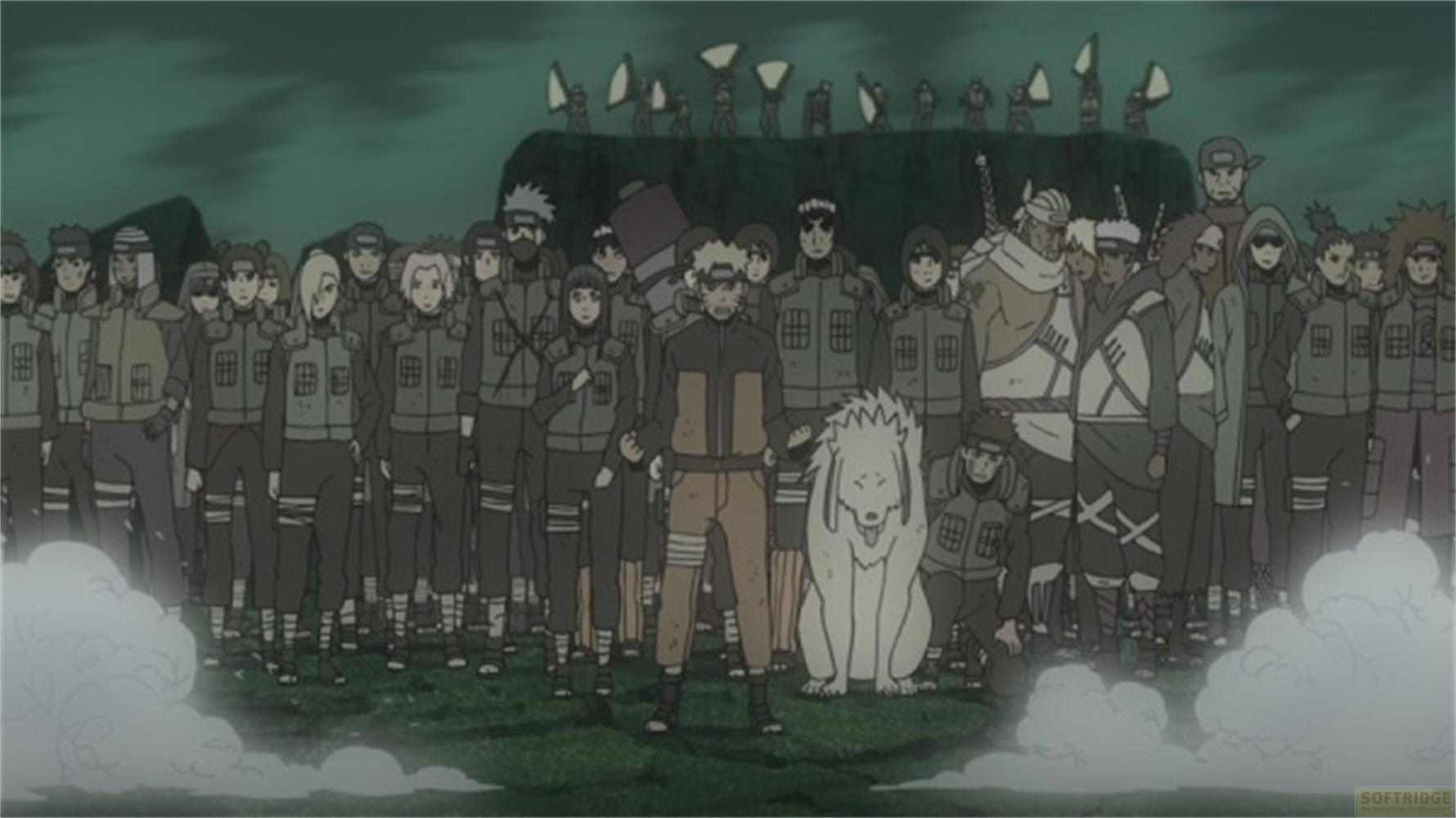 Naruto et un groupe de shinobi se tiennent unis avec un chien blanc au premier plan.